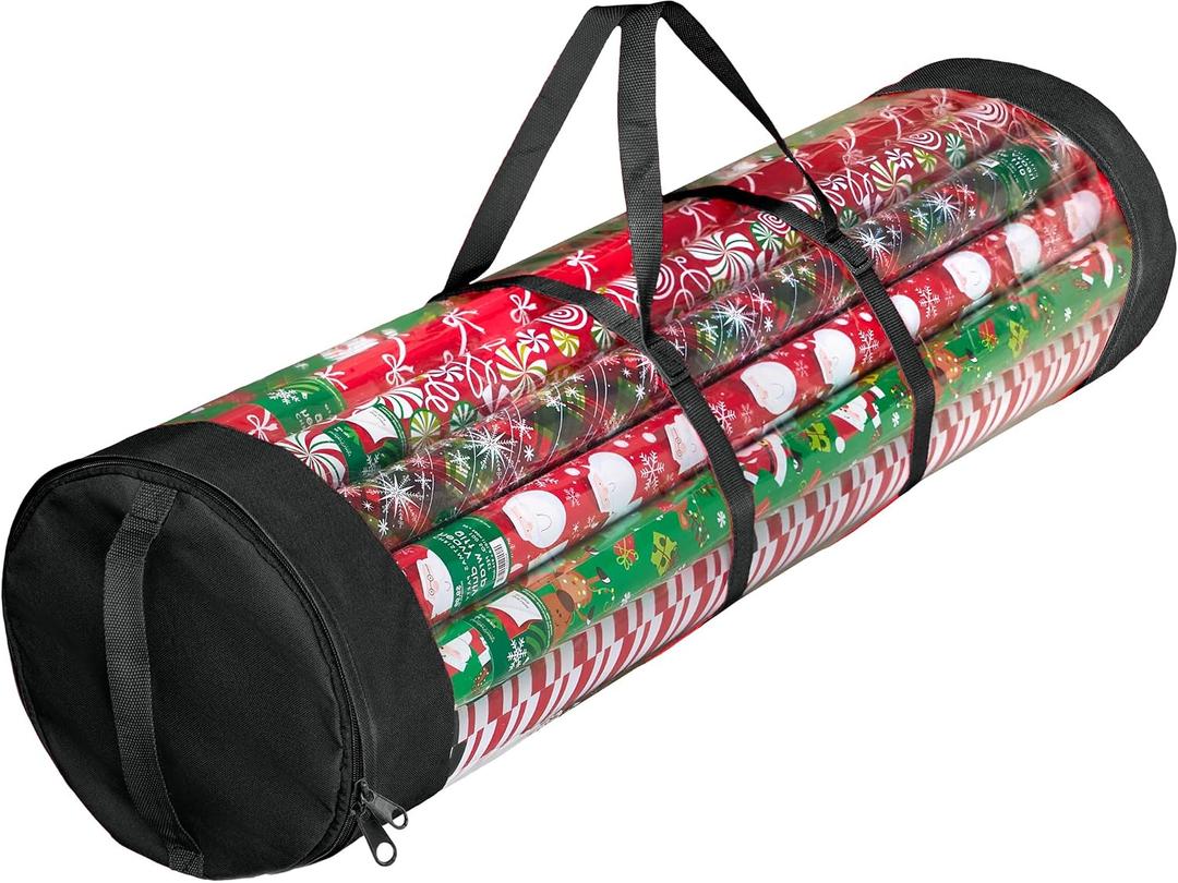 2 x ZOBER Round Christmas Gift Wrapping Paper Organizer Storage - 40 Inch Gift Wrap Storage Containers - Wrapping Paper Holder, Clear PVC with Durable 600D Oxford Fabric, Fits 25 Standard Rolls - Black