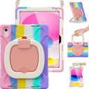 BRAECN Kids Case for iPad (A16) 11th/ 10th Generation 11”/ 10.9'' 2025/ 2022, Heavy Duty Rugged Silicone Cover with Screen Protector, Kickstand, Shoulder Strap, Pencil Holder & Ring Stand, Colorful Pink