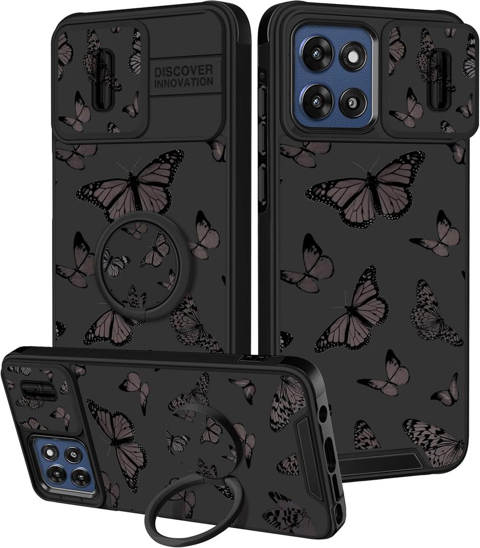 for Moto G Stylus 5G 2025 Case - Women Girls Cute Phone Cover Girly Pretty Aesthetic Black Butterfly Unique Design with Camera Cover and Ring Stand Funda for Motorola G Stylus 5G 2025