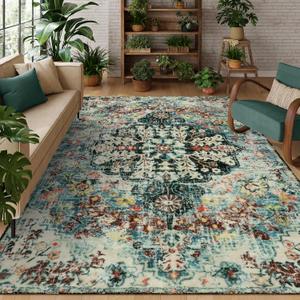 Lahome Boho 8x10 ft. Rugs for Living Room, Teal Washable Rugs for Bedroom Aesthetic Large Dining Room Rug, Large Bohemian Printed Non-Slip Low Pile Throw Playroom Carpet for Kids Room Nursery Office