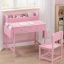 BOLUO Pink Kids Desk and Chair Set for 5-8 Year Old, Small Child Desk with Fabric Drawer, Children Study Table with Storage Toddler Girls Boys, Over dimension : 14.6"D x 24.8"W x 29.6"H