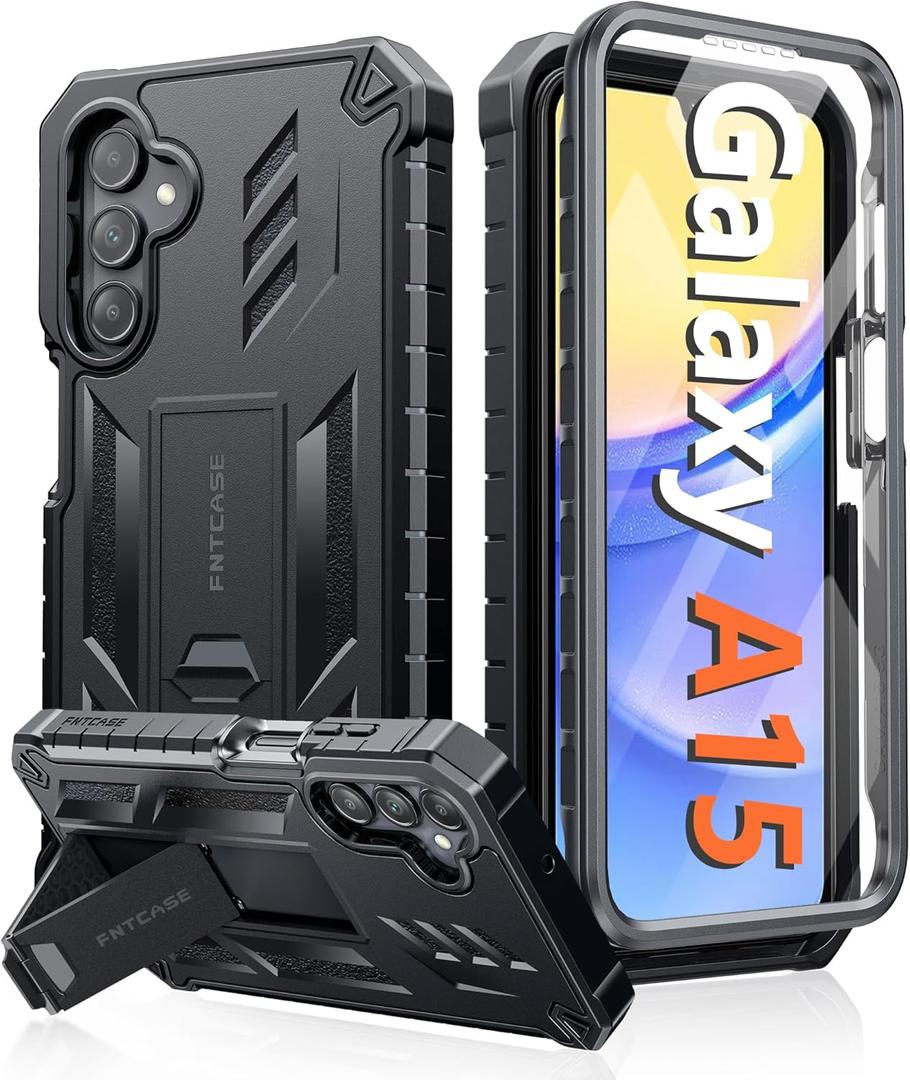 FNTCASE for Samsung Galaxy A15-5G Case: Military Grade Drop Proof Protection Phone Cover with Kickstand | Heavy Duty Rugged Full Body Protective Shockproof Matte Textured TPU Cases - 6.5 Inch (Black)