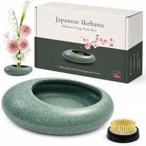 Japanese Flower Frog Vase Set  Japanese Artisan Celadon Glaze Flower Vase with Flower Frog, Modern Flower Arrangement Pot for Living Room Decor & Art Supplies, Gift Box for Flower Lover (Green)