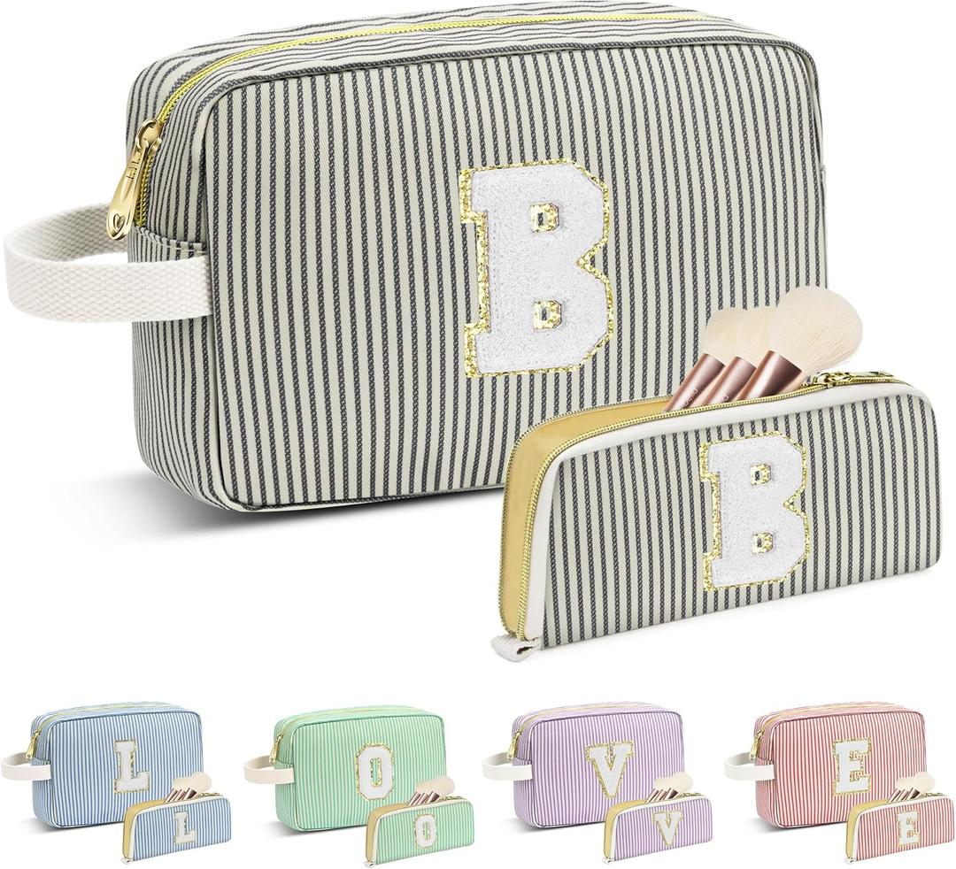 Travel Makeup Bag Christmas Gifts for Women Girl Teens, Personalized Initial Makeup Bag for Cute Teen Girls, Preppy Stuff Toiletry Bag Cosmetic Bag, Teen Girls Gift Trendy Stuff, Letter B (Black&White Stripes)