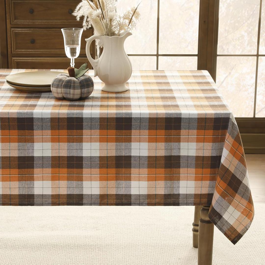 Romanstile Fall Checkered Tablecloth Rectangle - 54 x 96 Inch - Thanksgiving Brown Buffalo Plaid Cotton Flannel Table Cloths, Halloween Stain Resistant Washable Table Cover for Holiday/Party/Dining