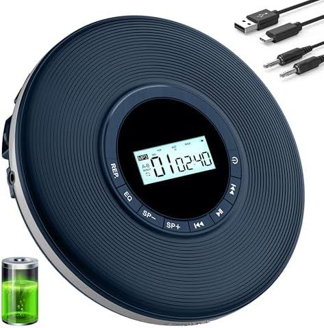 Portable CD Player, Disman CD Player for Car, Battery Powered Personal CD Music Player with Headphones Jack, Built-in 1000mAh Battery, Aux-Out Cable/TF Slot, LCD Display, Anti-Skip for Home