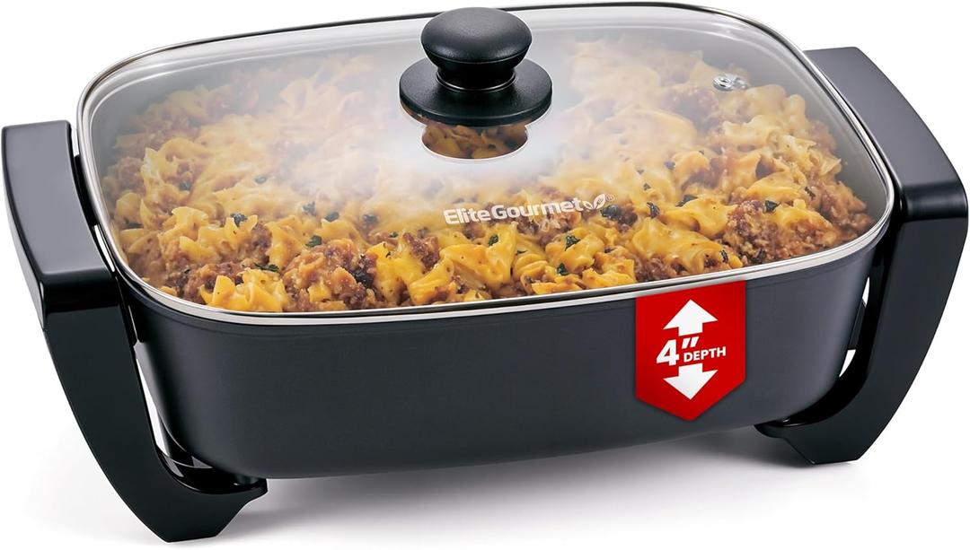 Elite Gourmet 15" x 12" x 4" Electric Skillet, Xtra Deep Dish, Ceralast PFAS Free Ceramic, 1500W Rapid Heat, Tempered Glass Vented Lid, Dishwasher Safe, 12.5 Qt., Black/Gray