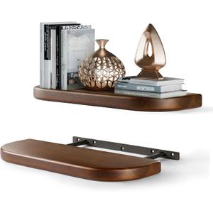 BATODA Set of 2 17" Acacia Wood Floating Shelves Wall Mounted (Round Edge)  Wooden Decorative Wall Bookshelf - Storage Shelf Organizer for Home - Black Brackets and Shelving Mounting Included(Walnut)