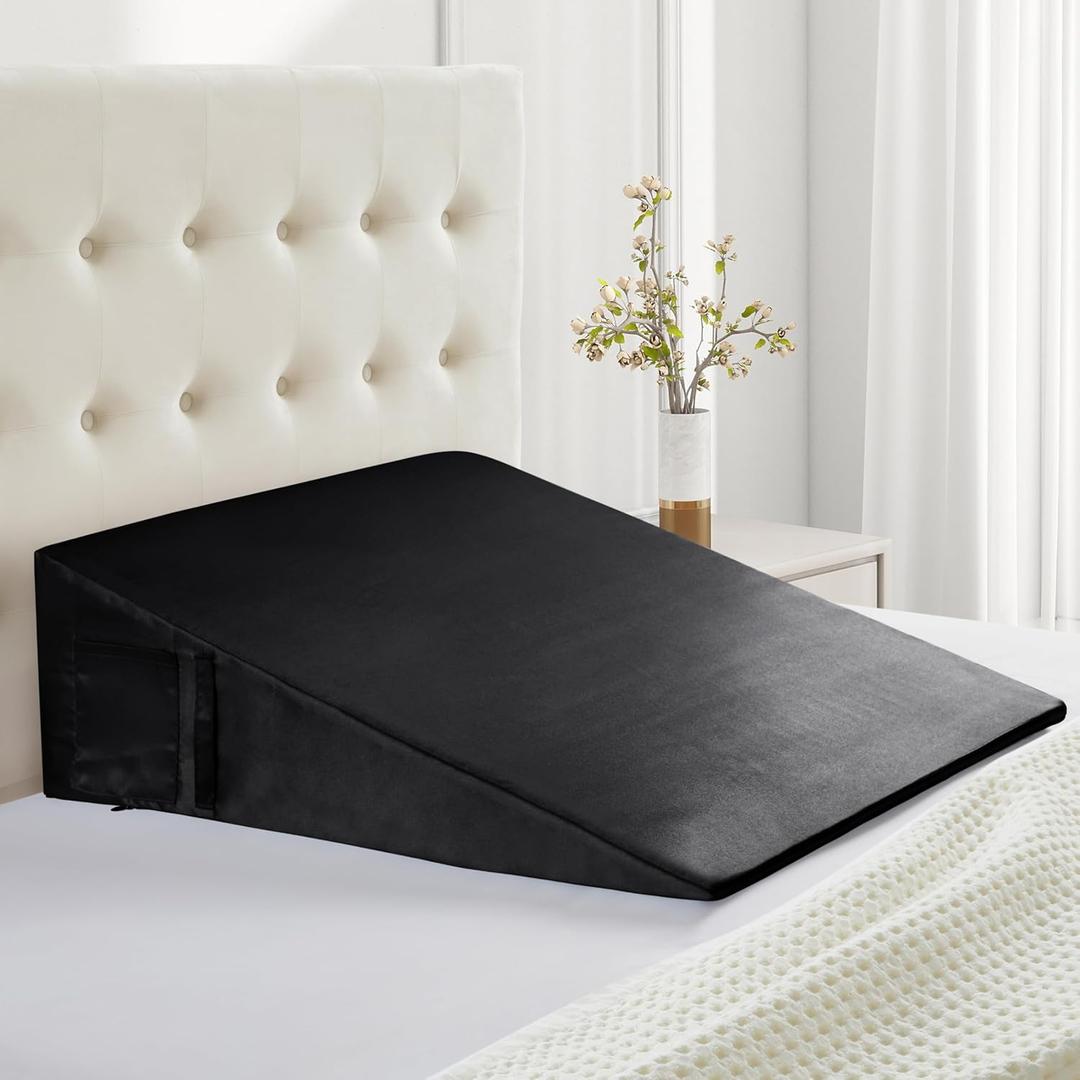 Satin Wedge Pillow Case Cover, Black Silky Wedge Pillowcase Removable & Machine Washable Cases with Zipper, 24"x24"x12"(Pillow Not Include) (25"x25"x12.5")