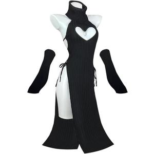 KORURACLUB Sexy Dress Cheongsam Halloween Costume premium sweater cosplay lingerie High Slit Long Dress (Black, XS/ M)