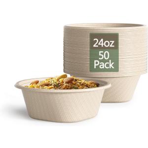 24 Oz Disposable Paper Bowls - Heavy Duty Disposable Bowls - Made from Natural Bagasse - Disposable Bowls for Hot Soup, Salad, Dessert, and More [50 Pack]