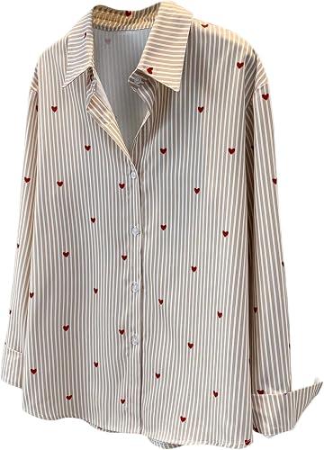 SweatyRocks Women's Heart Print Striped Button Down Shirts Dressy Casual Long Sleeve Blouses Brown Large