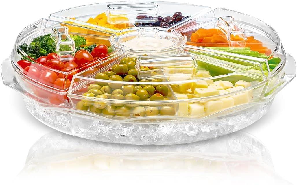 Chef's Star 16 Inch Clear Extra Large Acrylic Appetizer Serving Tray, 8 Compartment Vegetable Tray with Lid, Cocktail Serving Dish, Large Iced Food Platter for Lunch, Dinner, Picnics Parties