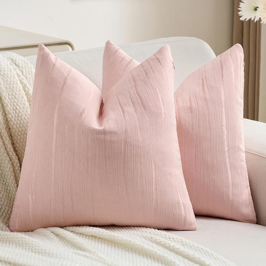 FUTEI Pink Chenille Decorative Throw Pillow Covers 16x16 Inch Set of 2,Soft Embossed Striped Textured Cushion Case,Modern Home Decor for Couch Bed Living Room