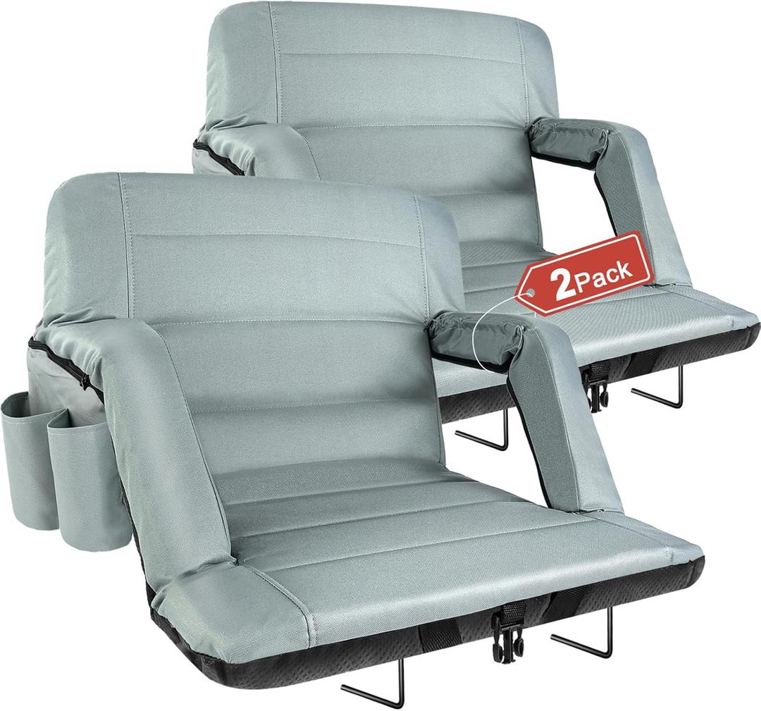 Stadium Seats with Back Support 2 Pack Wide, Exclusive Bleacher Chairs with Back and Cushion Folding Stadium Chairs, 6 Reclining Positions Waterproof Bleacher Seats (Wide|22.5" Grey)