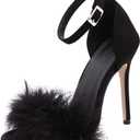 YIBLBOX Women's Feather Heels Open Toe Sandal Fluffy Fur High Heel Shoes Ankle Strap Stiletto Pump for Wedding Party Dance Evening (10, Black)