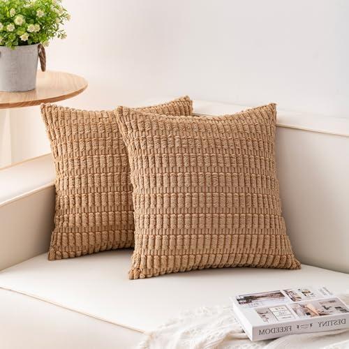Aegero Pack of 2 Corduroy Decorative Throw Pillow Covers 18x18 InchSoft Boho Striped Pillow Covers Modern Farmhouse Home Decor for Sofa Living Room Couch Bed（Coffee）