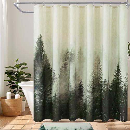 Mountain Forest Shower Curtain –Heavy Blend Linen Fabric, Black & Green Nature Tree, Foggy Woodland Bathroom Curtain, 72x72 Inch, Includes 12 Metal Hooks.