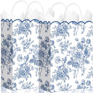 Kolldenn 24 Pcs Blue Floral Party Favor Bags with Handles 10 x 5 x 13 Inch Large Scalloped Wildflower Goodie Candy Gift Treat Bags for Birthday Decoration for Bridal Baby Shower Party Supplies