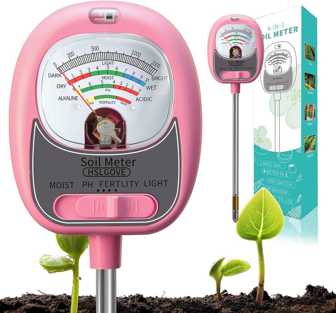 HSLGOVE 4-in-1 Moisture Meter for PlantsSoil Test Kit  Soil Moisture Meter, pH, Fertility & Sun-Light, Large Dial Soil Tester for Indoor & Outdoor Gardening, Lawn, Farm Baby Pink