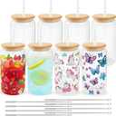 Joyclub 8 Pack Sublimation Glass Cups Blanks with Bamboo Lid 16 OZ Clear Glass Beer Cans Mason Jar for Iced Coffee Juice Soda Drinks