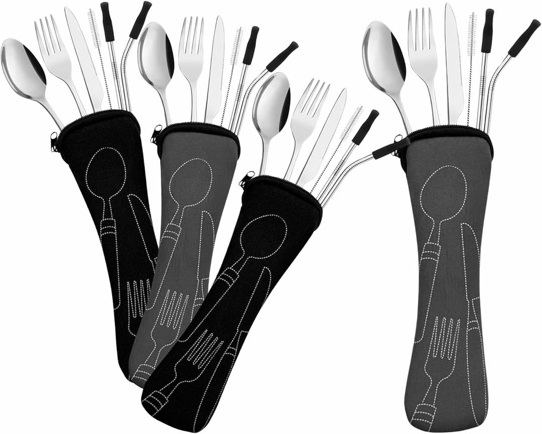 Travel Utensils Set with Case 4 Pack, Reusable Stainless Steel Portable Cutlery (Fork, Spoon, Knife, Straws & Cleaner) for Work, Dorm, Camping, Lunch Box, Compact Durable Silverware by Ecoberi (Black-Grey)