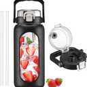 BLUEGO 64oz Glass Water Bottle with Handle and Straw, Motivational Sports Water Bottle with Time Marker and Silicone Sleeve Leakproof Drinking Bottle for Travel Gym Workout, Black