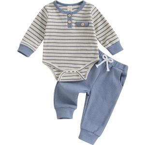 Newborn Baby Boy Clothes Infant Boy Girl Striped Long Sleeve Sweatshirt Romper Bodysuit Soft Fall Winter Outfit (0-3 Months, Blue)