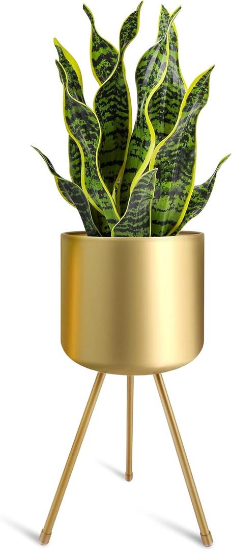 Mid-Century Metal Flowerpot with Stands, Gold Stylish Modern Floor-Standing Flowerpot,Suitable for Orchid, Aloe Indoor Outdoor Decoration 8.5'' Wide 18'' high