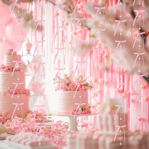Pink Bows Birthday Decorations 6. 6 ft Satin Ribbon Bow Hanging Garland with Pearl 48 Pcs Pink Bows Coquette Party Decorations for Bachelorette Baby Shower Tying The Knot Bridal Wedding