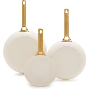 GreenPan Reserve Hard Anodized Healthy Ceramic Nonstick 8" 10" & 12" 3 Piece Frying Pan Skillet Set, Gold Handle, PFAS-Free, Dishwasher Safe, Oven Safe, Cream White