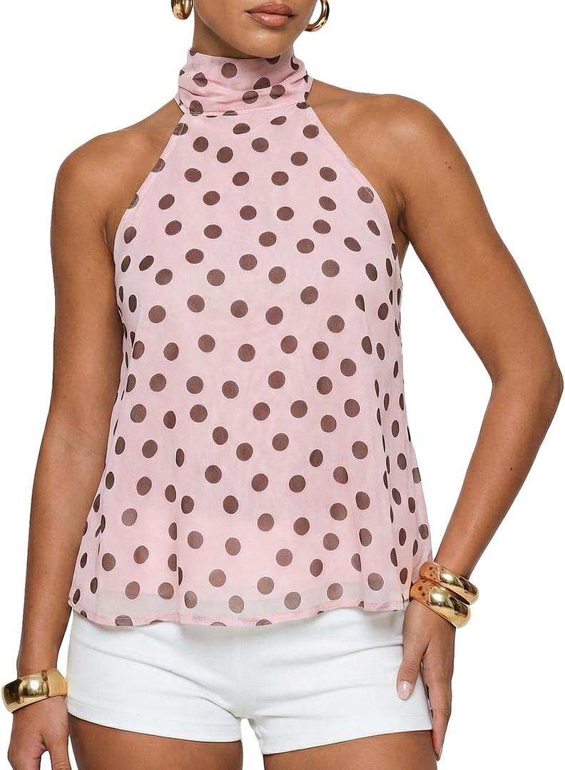 BAIGRAM Women Sleeveless Polka Dot Mesh Halter Tank Backless Flowy Peplum Tops Tie Up Scarf Mock Neck Cami Summer Going Out (Pink, M)