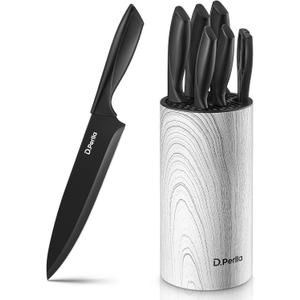 Knife Set, D.Perlla 6-Piece Kitchen Knife Set for Home, Non-stick Black Coating Stainless Steel Sharp Chef Knife Set with Universal Knife Block for Kitchen, for Easy Cleaning and Drying