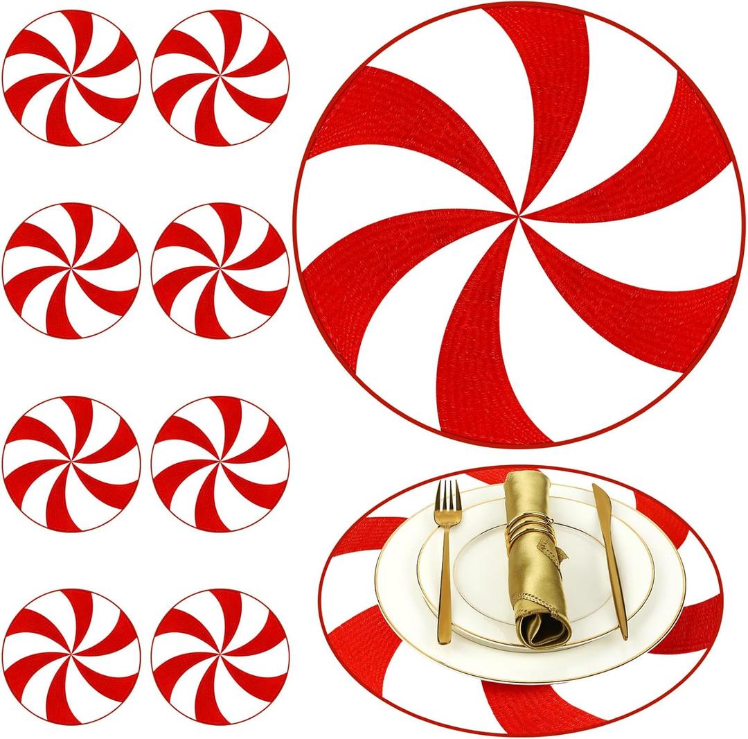 Preboun Christmas Placemats Set of 8 Embroidered Candy Round Placemats 15 Inch Washable Table Mats Sweet Candy Place Mats for Dining Table Home Xmas Kitchen Holiday Party Decorations, Red White