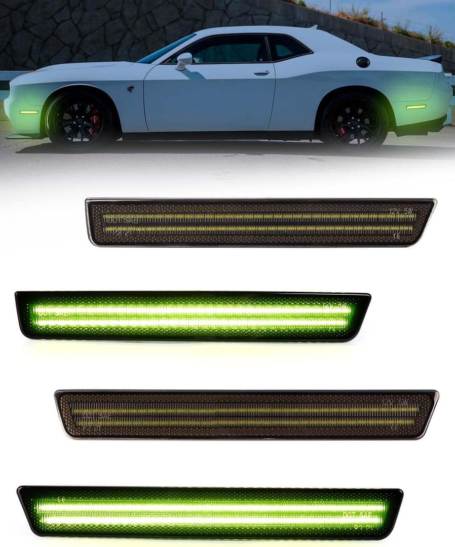 Full Green LED Side Marker Lights Compatible With Dodge Challenger 2015-2023, Front & Rear Bumper Marker Lamps, Smoked Lens Parking Signal Lamps Accessories, Pack of 4
