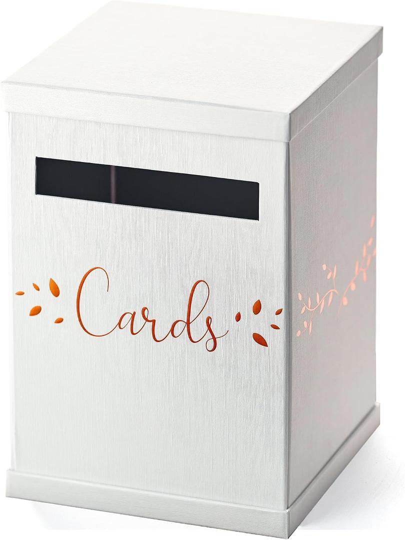 White & Rose Gold Card Box, Large 12 Gift Card Holder, Wedding Mailbox, Sweet 16, Birthday Party, Graduation, Baby & Bridal Shower, Quinceanera, Money Basket, Funeral, Retirement, Pink Envelope Box