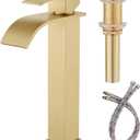 Vessel Sink Faucet, Gold Bathroom Faucet Single Hole with Supply Hose and Pop Up Drain, Single Handle Waterfall Faucet for Bowl Sink, 1 Hole Vanity Faucet