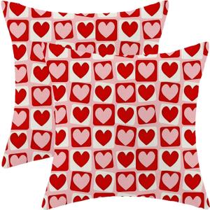 CXMEIFLY Valentines Pillow Covers 18 x 18 Inch Set of 2 for Red Pink Love Heart Checked Decor Throw Pillows Spring Holiday Outdoor Farmhouse Decorative Cushion Cases for Couch Decoration