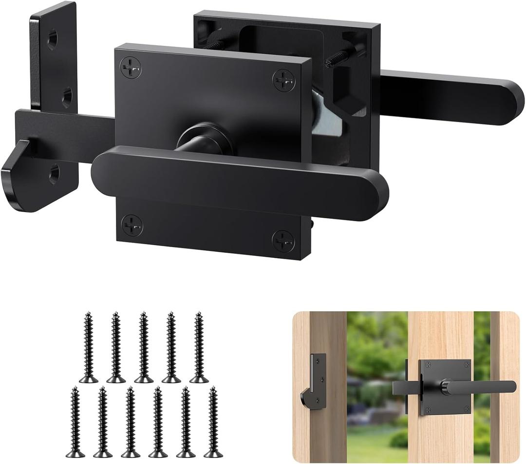 Double Sided Gate Latch, Heavy Duty Gate Latch for Wooden Fence, Black Gate Latch with Handles, Fence Gate Latch for Right Inswing Wooden Gates, Backyard, Garden