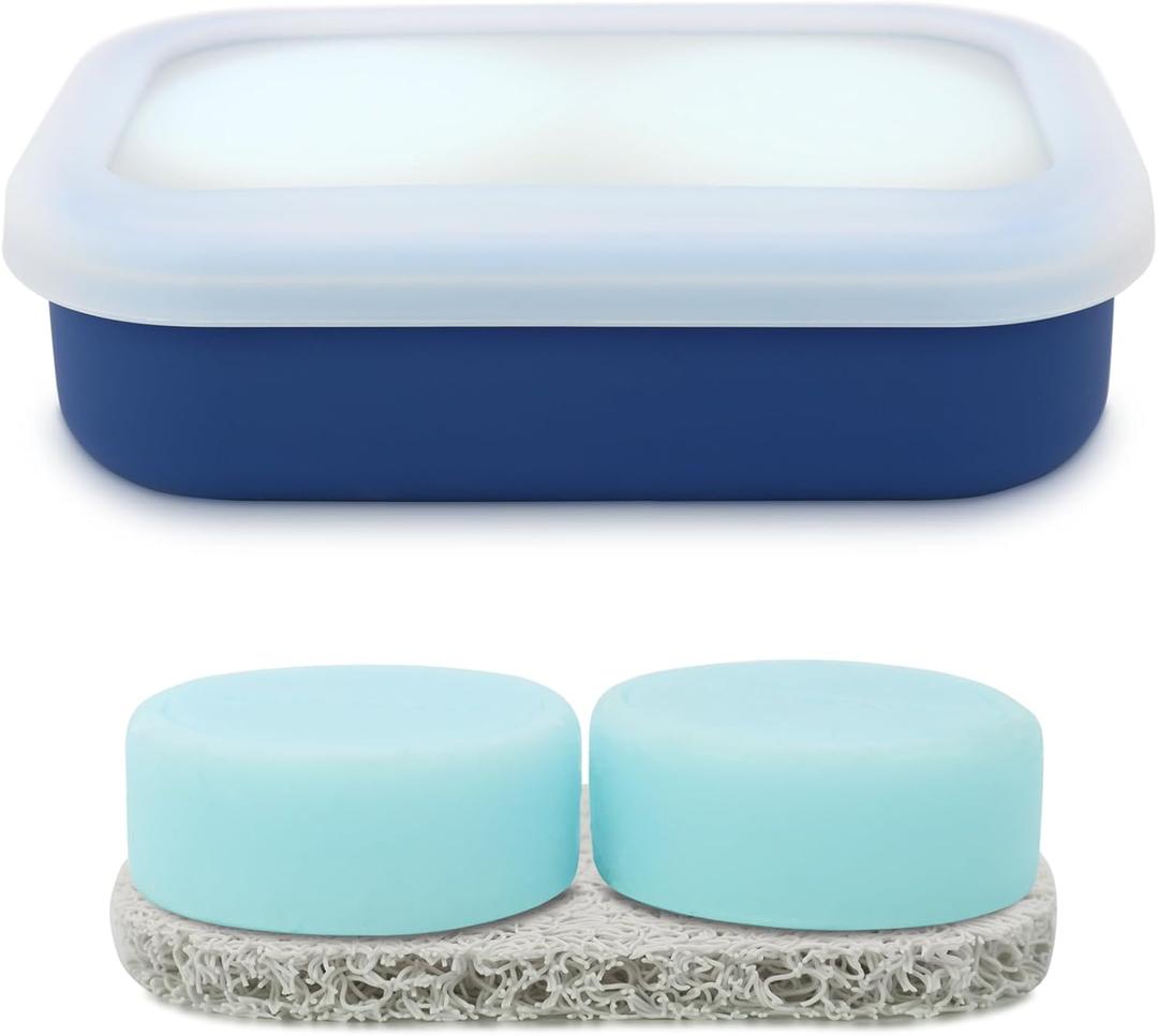 Leak Proof Travel Soap Case, Solid Shampoo Bar Holder, Silicone Soap Container with Draining Layer, Portable Bar Soap Holder for Bathroom, Camping, Gym, Easy to Clean (Blue, Large)
