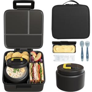 MAISON HUIS Bento Lunch Box with 8oz Soup Thermo and Insulated Lunch Bag, Kids Leakproof Lunch Food Containers with 5 Compartment, Boys Girls Thermo Hot Food Jar for Travel, School, BPA Free (Black)