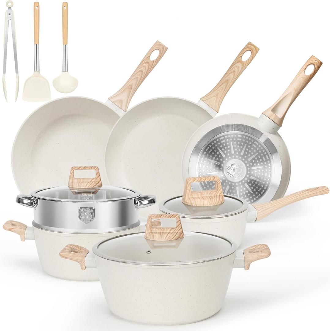 SODAY 13 Pcs Pots and Pans Set Non Stick Kitchen Cookware Sets Nonstick Induction Cookware Non-toxic White Granite Cooking Tools with Stay-Cool Handles, Silicone Tools (PFOS/PFOA Free)