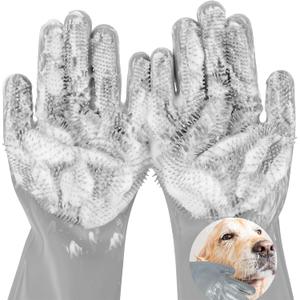 2 x Dog Washing Gloves for Shedding & Bathing - 5-Finger Deshedding & Massage Gloves for Dogs & Cats, Reusable Heat-Resistant Silicone Brush Gloves, Gentle Hair Removal & Bathing Aid (Pair) (Grey)