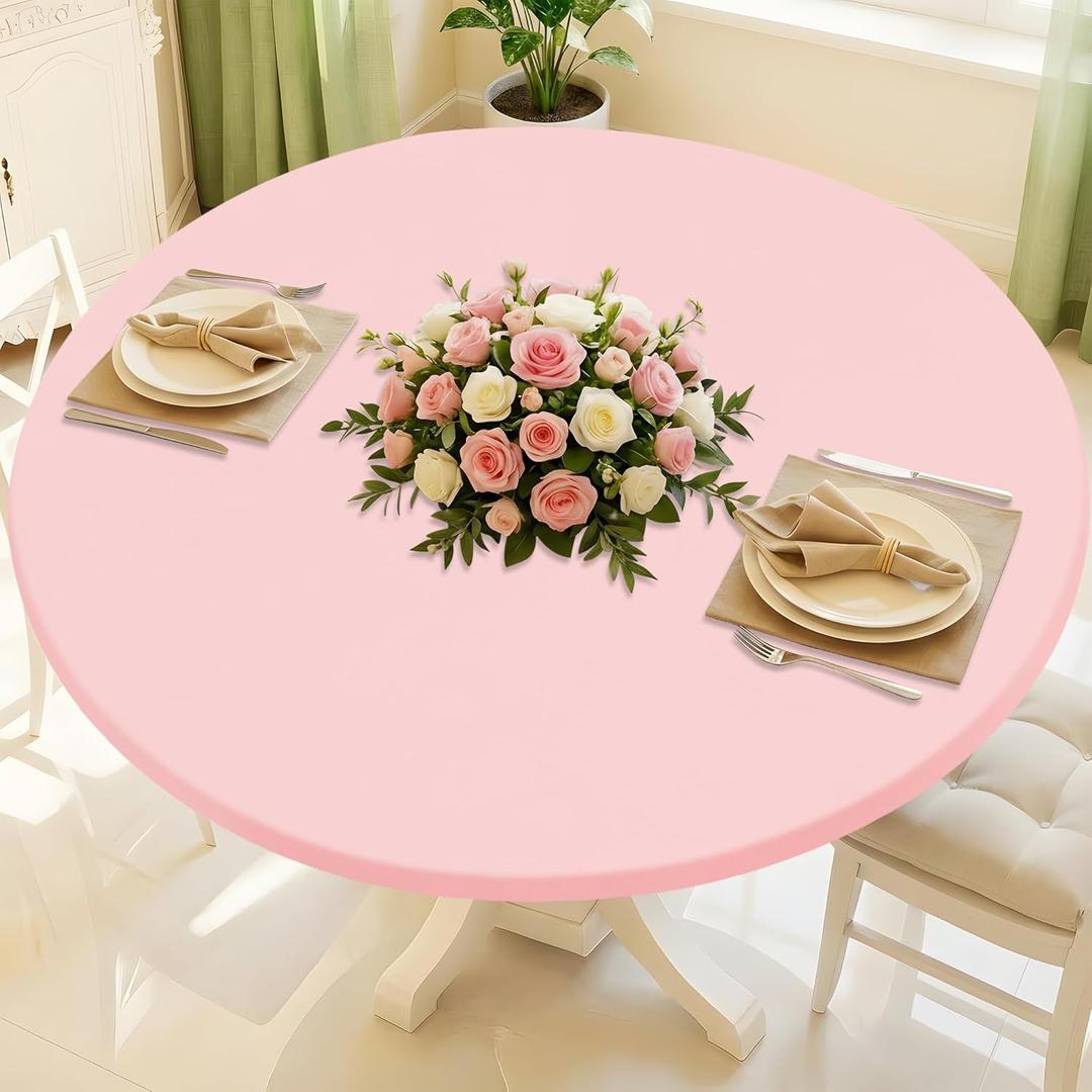 Round Spandex Valentines Day Tablecloth, Elastic Fitted Waterproof Tablecloths for 36"-44" Tables, Stretch Washable Picnic Table Cover for Camping, Dining, Indoor and Outdoor, Pink
