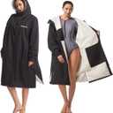 Hiturbo Warm Waterproof Swim Parka: Oversized Hooded Changing Robe - Sherpa Liner Swimming Coat - Recycled Fabric Surf Poncho (Black)