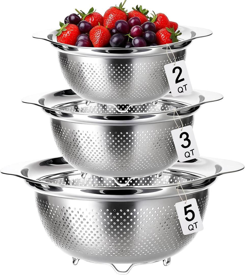 3 Pcs Stainless Steel Colander Strainer Set Metal Colander for Kitchen Pasta Strainer for Rice Food Fruits Spaghetti Vegetables (2QT, 3QT, 5QT) (Silver)