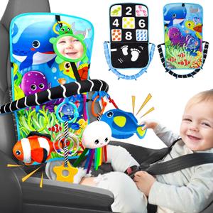 Baby Car Seat Ocean Animals Toys - Kick and Play Double Sided Infant Car Seat Toys with Plush Toys, Mirror, Teether for Baby Travel Activities, Christmas Birthday Gifts Newborn Infant Toy