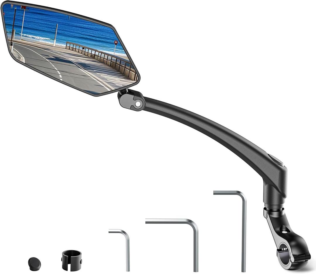 Bicycle Mirror for Handlebars 360 Adjustable and Rotatable, Wide E Bike Mirror Handlebar Mount with Long Arm, Safe HD Bike Rear View Mirror for Scooter, Motorcycle, Foldable Ebike Accessory Left 1PCS