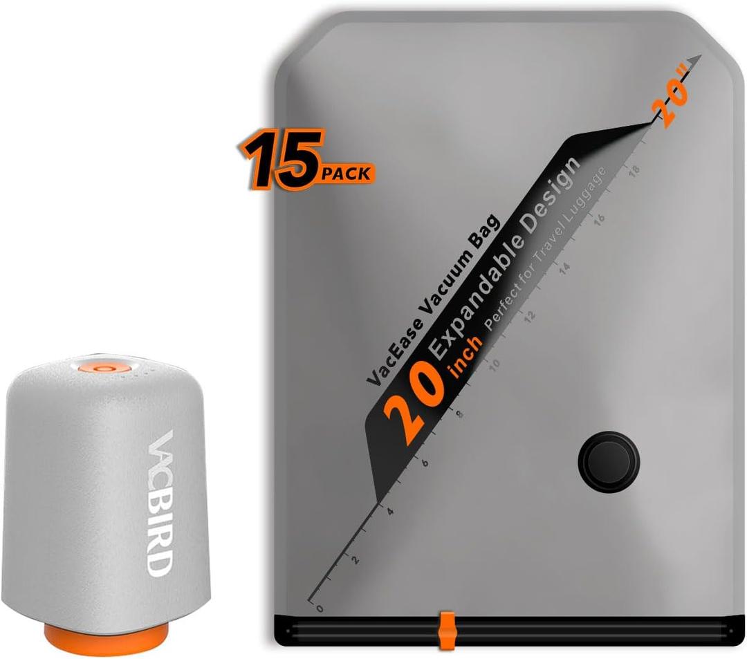 Rechargeable Wireless Pump Travel Storage Bags Set - 15 Pack Small Size Vacuum Bags for Travel & Home, Space-Saving Compression Packing for Clothes, Suitcase Luggage