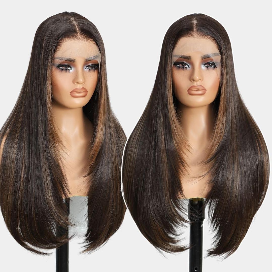 Synthetic Lace Front Wigs Pre Plucked 13x4 HD Lace 100% Futura Premium Highlight Brown Mix Black 26 Inch Long Layered Straight Wigs For Women Ready to Wear Wig With Bangs Beginner Friendly